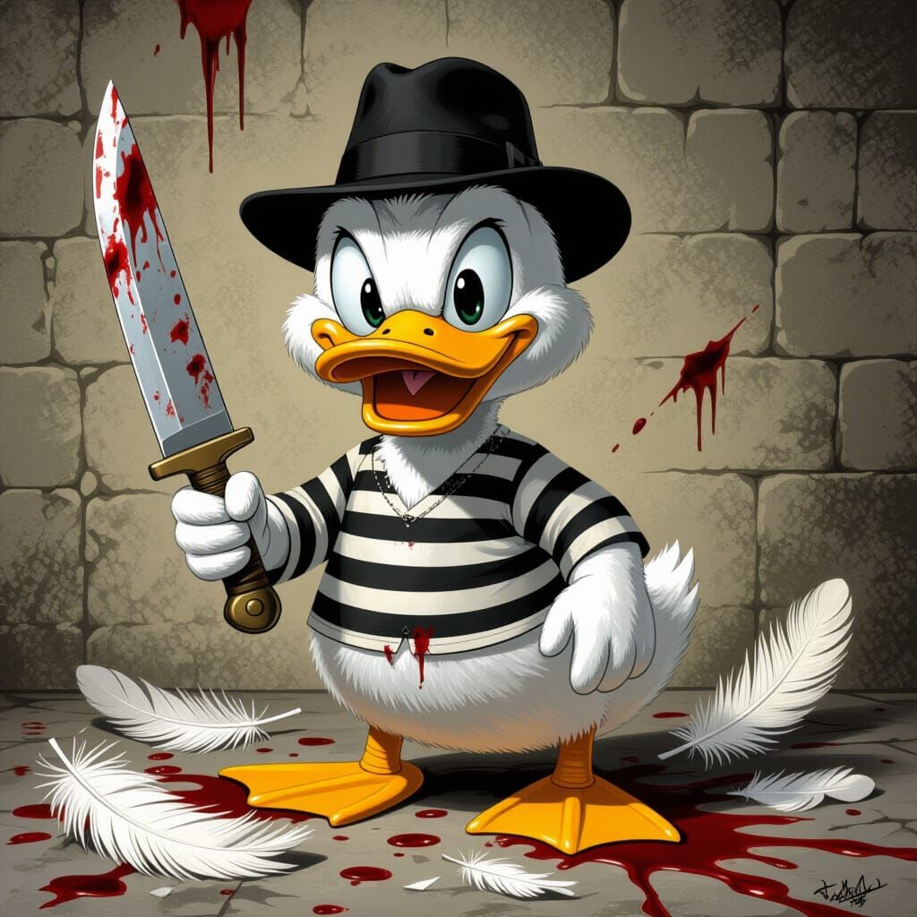 Mischievous Duck Plushie with Knife, Tim Burton Style