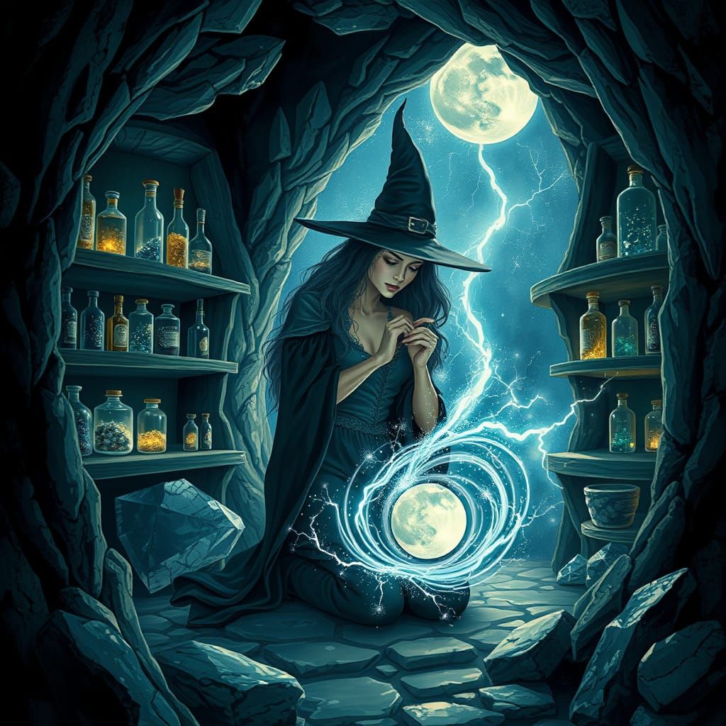 Mystical Apothecary Scene in Moonlit Crystal Cavern