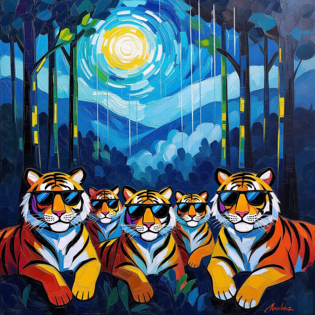 Tigers in Sunglasses in Van Gogh Style Forest