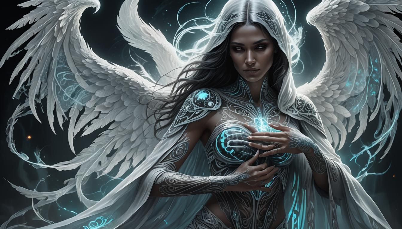 Ethereal Ghost Angel with Bioluminescent Tattoos