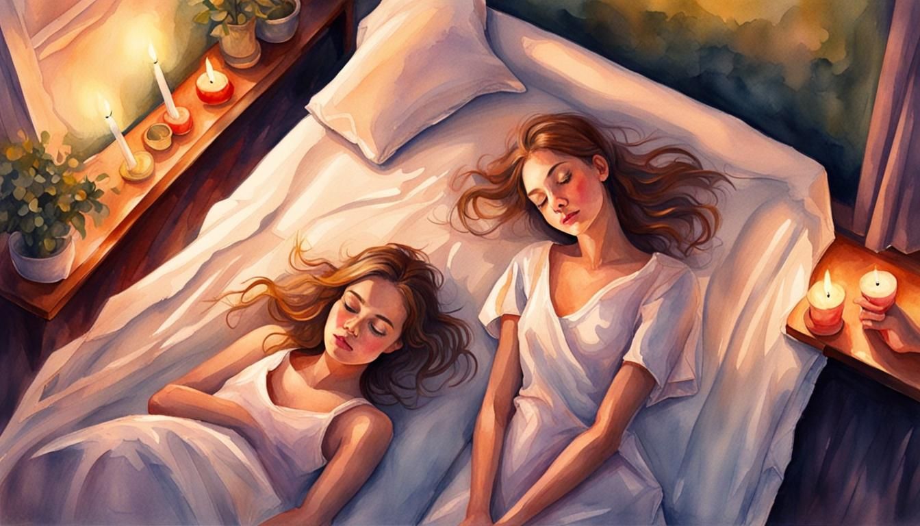 2 teenage girls laying on a spa bed in a relaxing room with candles next to them :: picture taken from up above :: water...