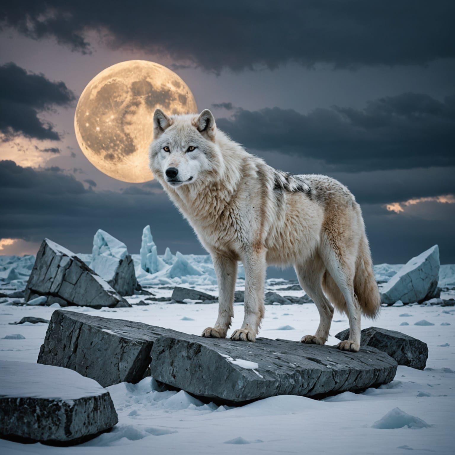 Arctic Wolf Howling at Shattered Moon Over Tundra