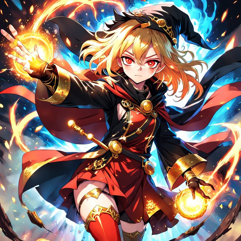 Vibrant Anime Wizard Girl in Mid-Cast Explosion