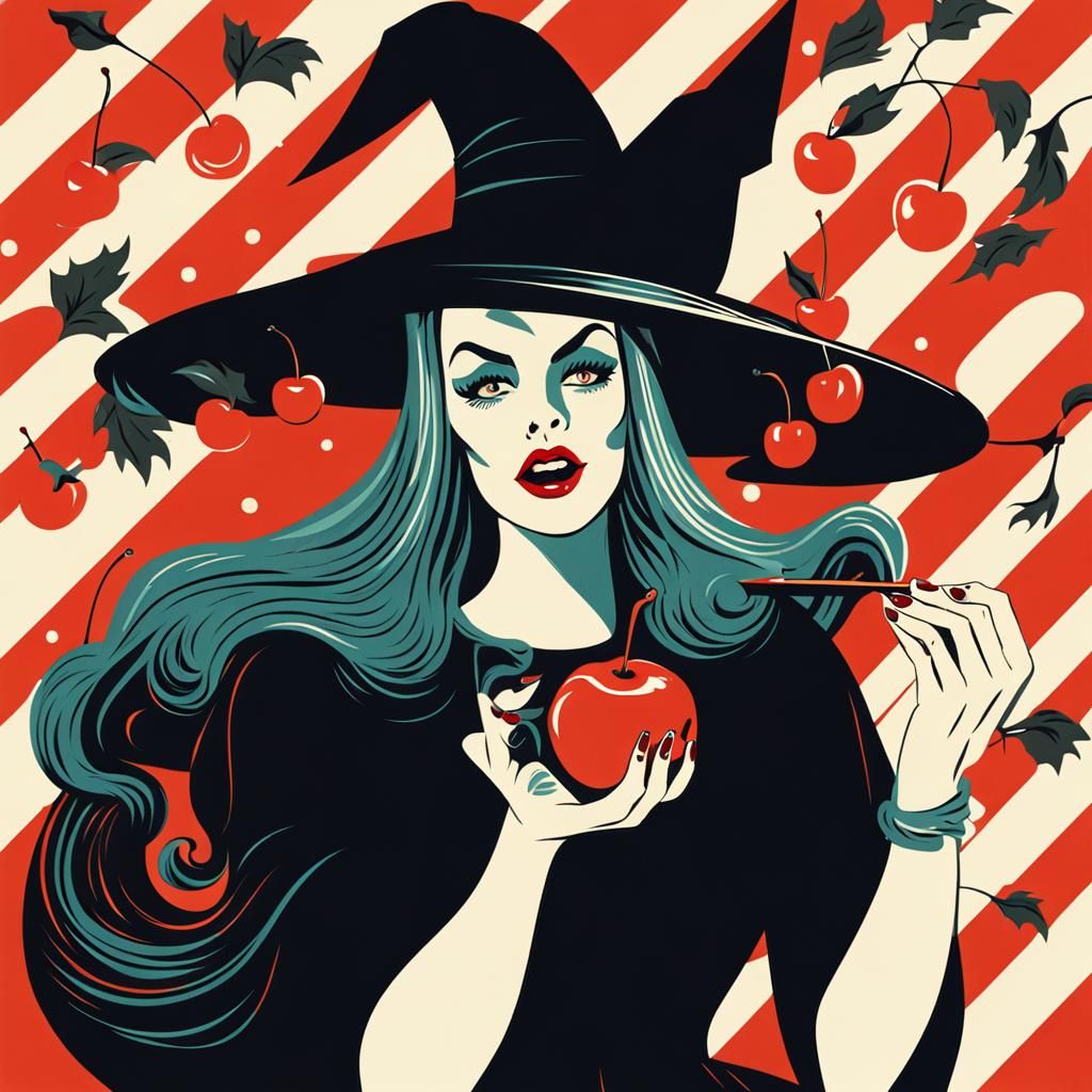Retro Pop Art Witch Biting Cherry