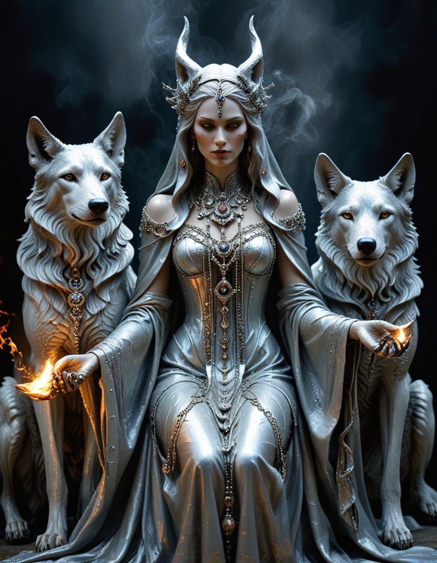 Triumphant Goddess of Witches in Shimmering Silver Robes