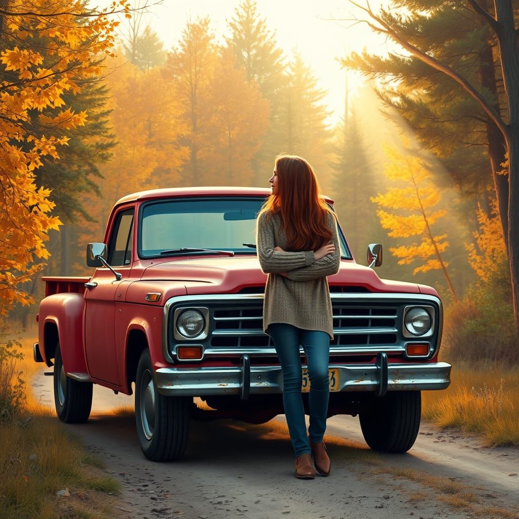 Vintage Truck and Woman in Autumn Forest Oil Painting