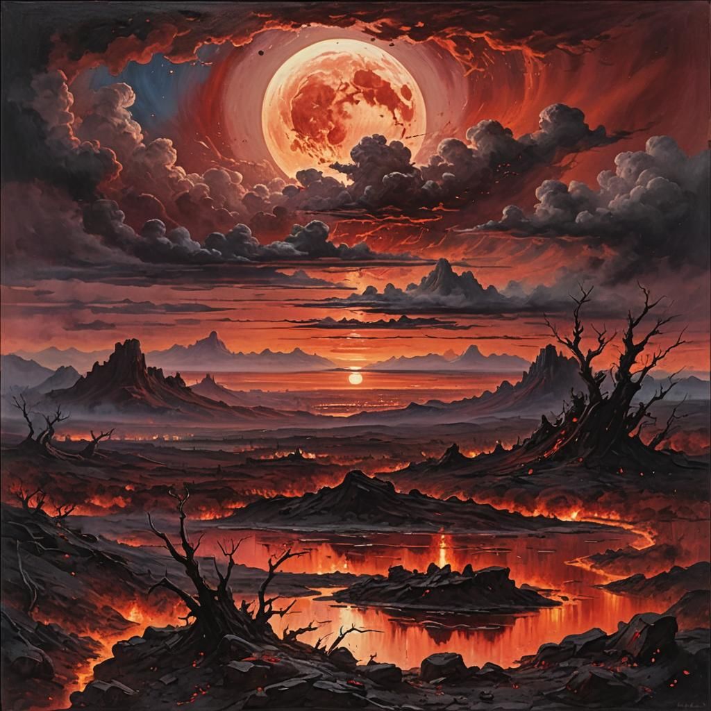 Fiery Red Sunset Over Crimson Landscape