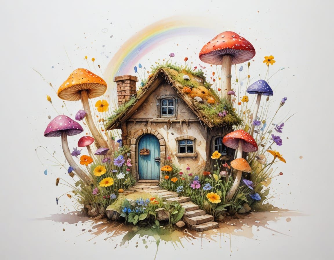 Rainbow Over Mushroom House in Sunlit Fairy Garden