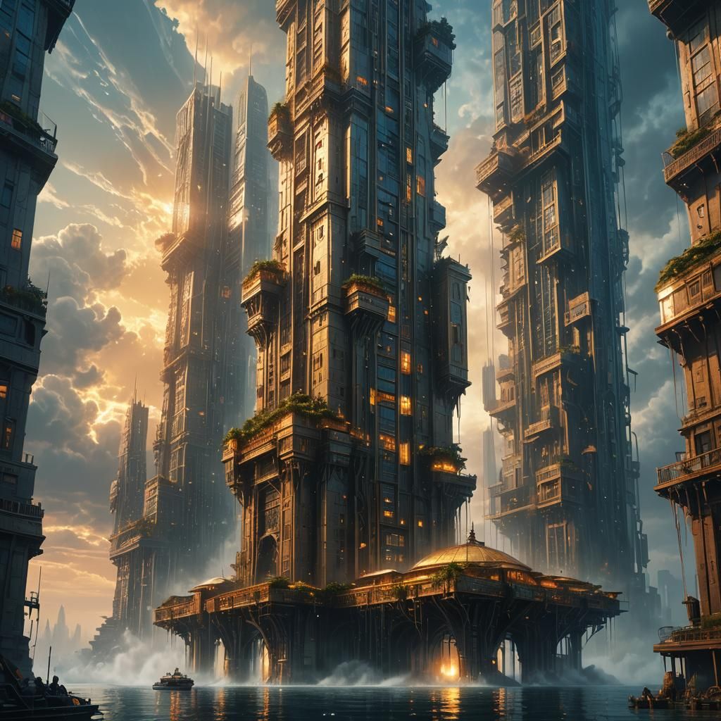 Ornate Waterworld Skyscraper in Dystopian Future