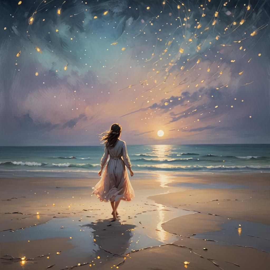 Romantic Moonlit Beach Scene in Impressionistic Style