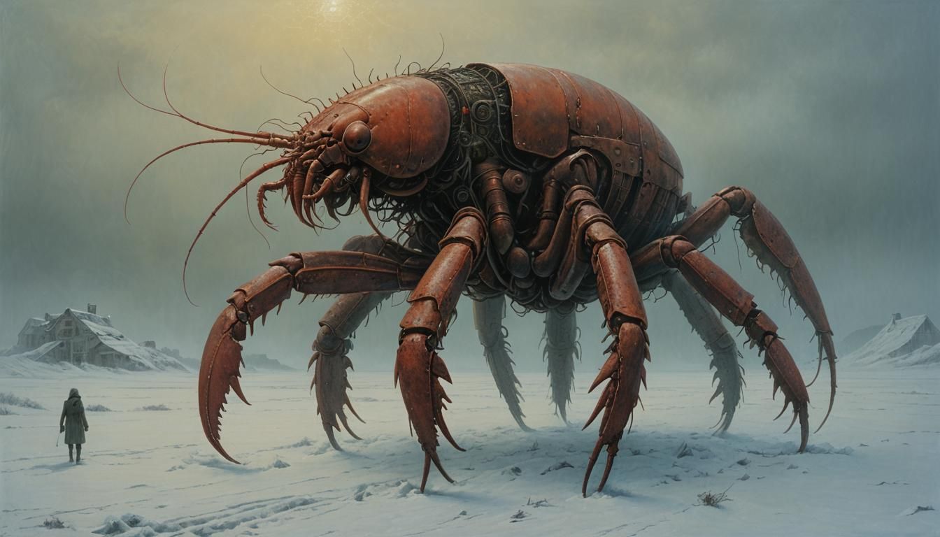 Winter Biomechanoid Lobster and Beauty, in Surreal Style