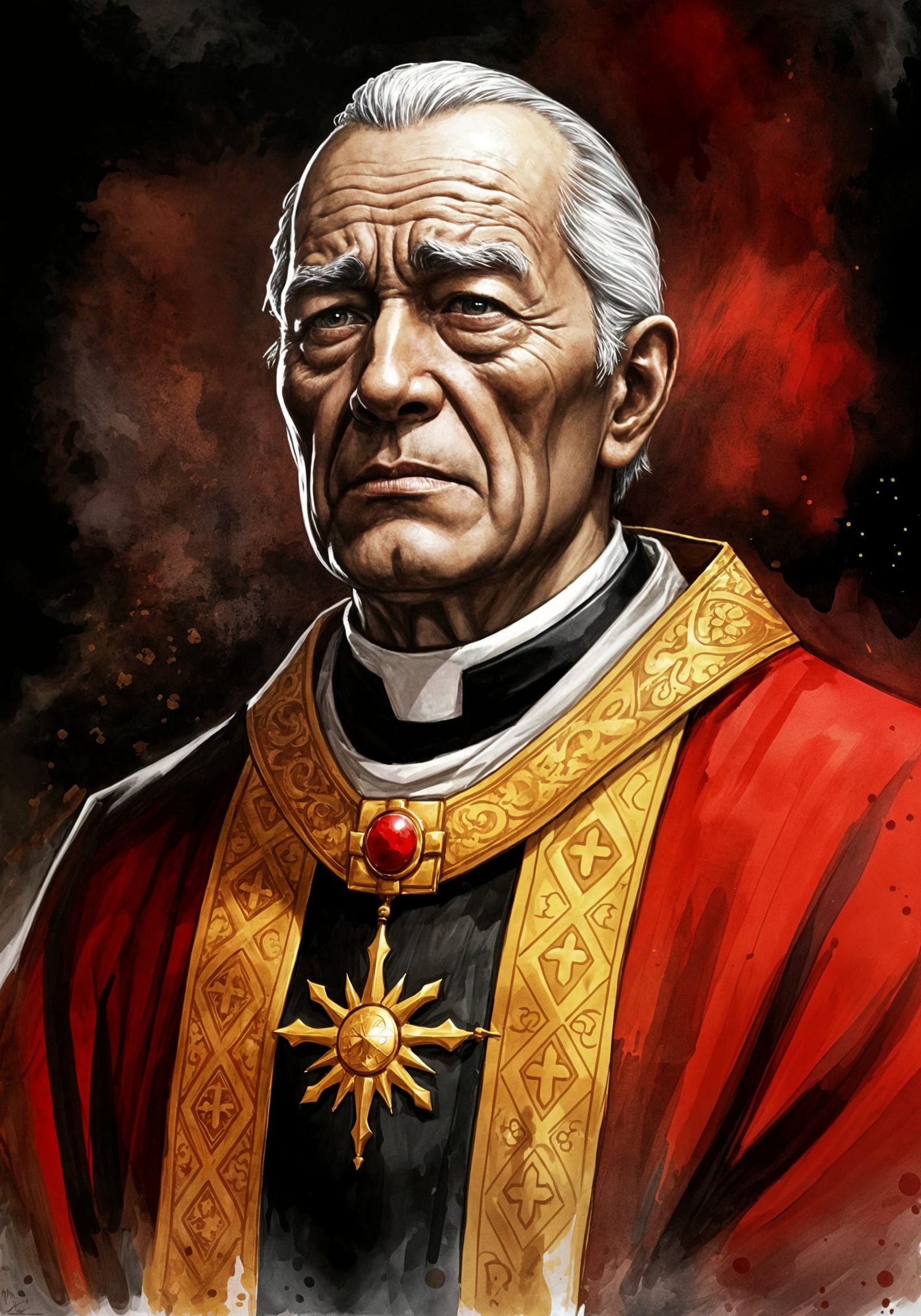 High Priest in Lavish Red and Gold Attire, Grieving and Reso...