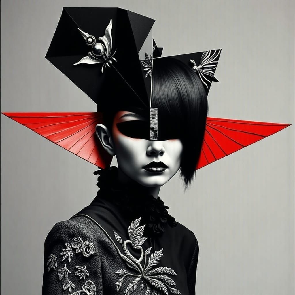 Avant-Garde Fashion in Monochrome with Geometric Red Winged ...