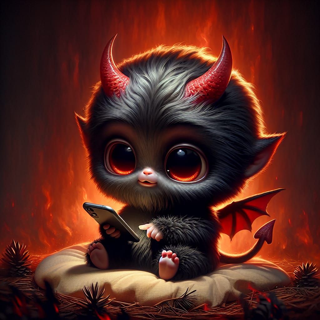 Cute Devil Creature Gazing at Phone, 3D Render