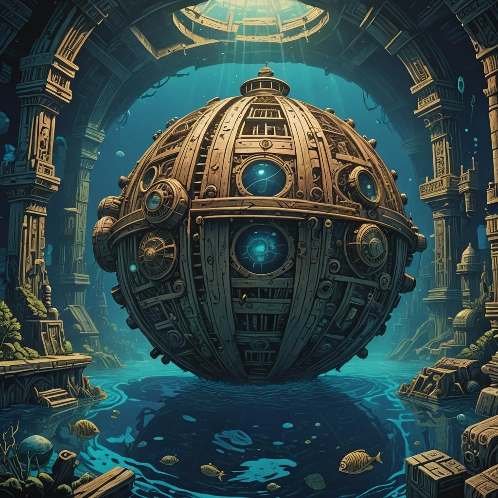 Underwater City: Sci-Fi Woodblock Bathysphere