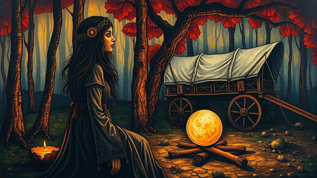 Mysterious Gypsy Woman Gazing into Crystal Ball