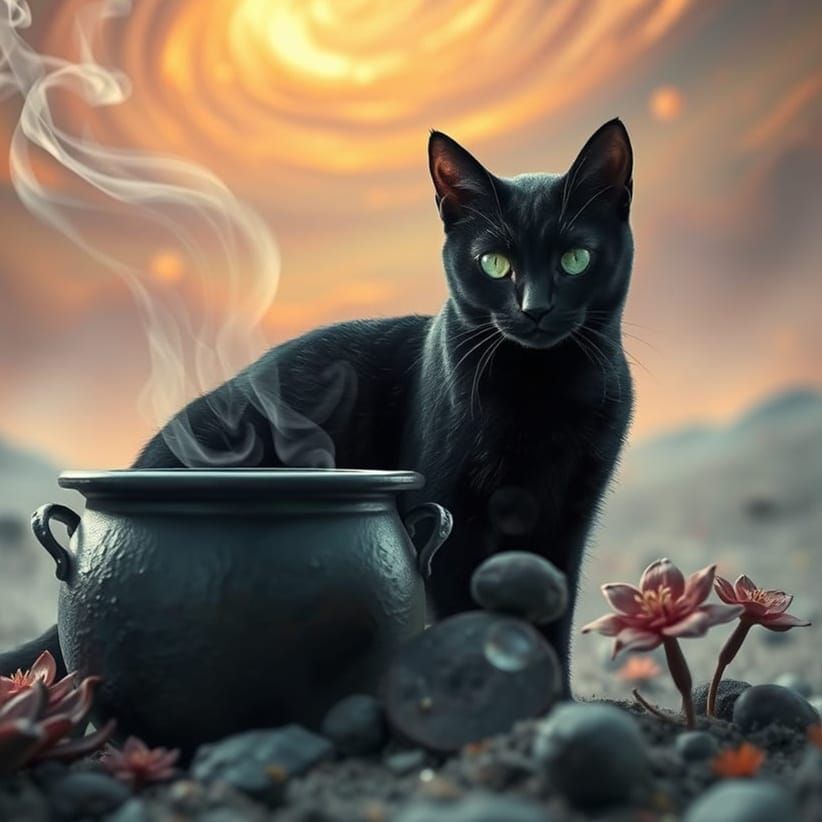 Black Cat Familiar by Mystical Cauldron in Alien Landscape