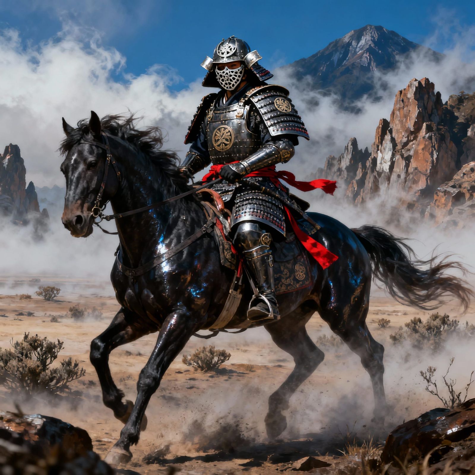 Samurai Warrior on Horseback in Misty Landscape