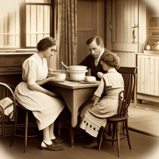 Sepia-Toned Family Kitchen Scene, circa 1900