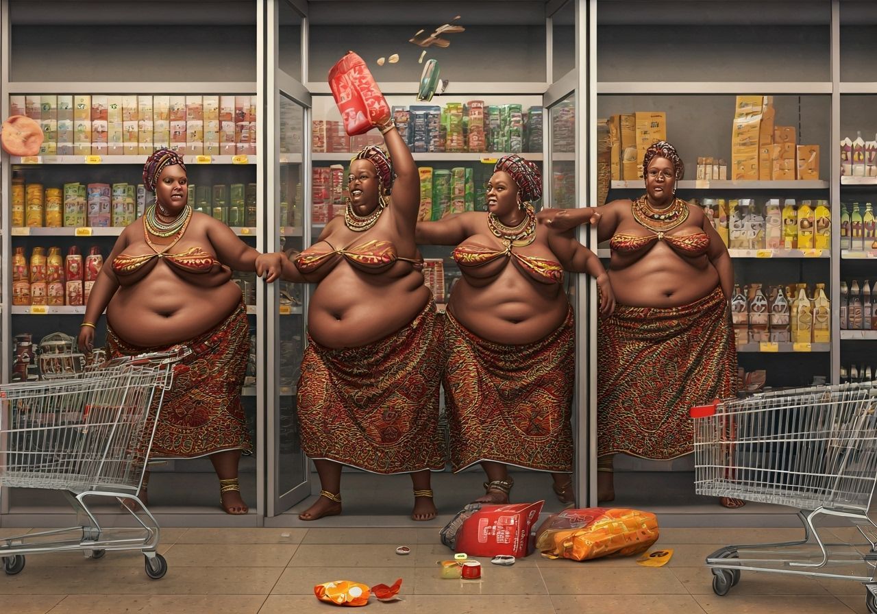 Chaotic Supermarket Scene With Obese Tribeswomen