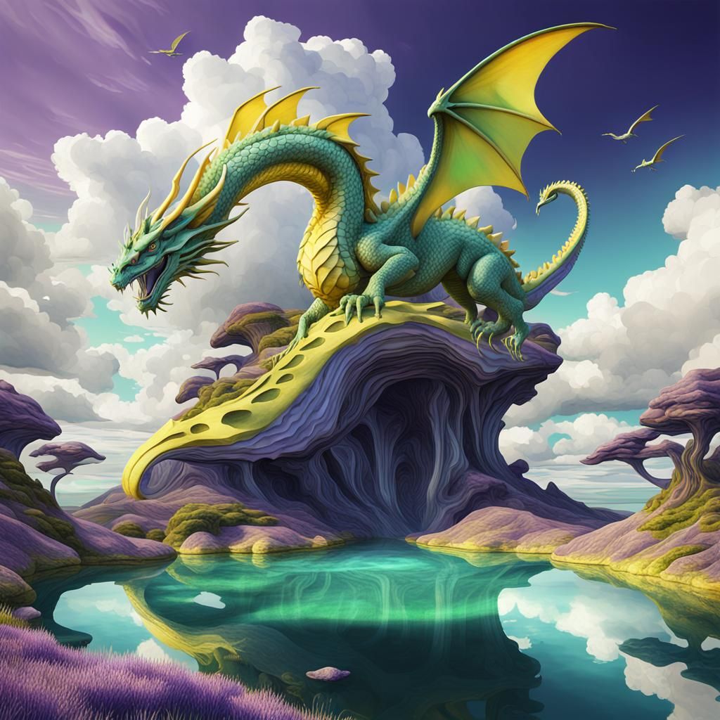Endless Magical Land with Flying Dragon in Art Nouveau Style