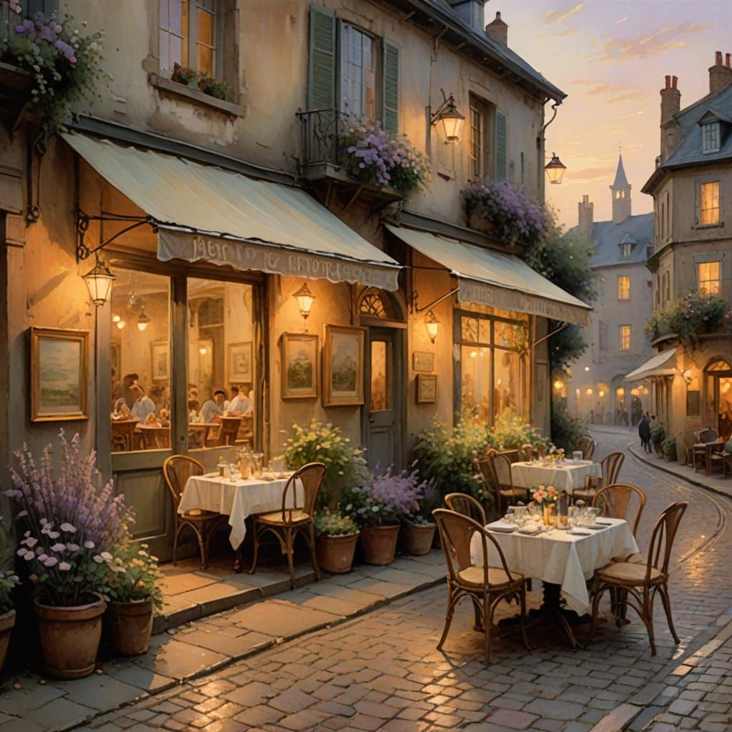 Warm Italian Cafe on Seaside Street in Soft Watercolor