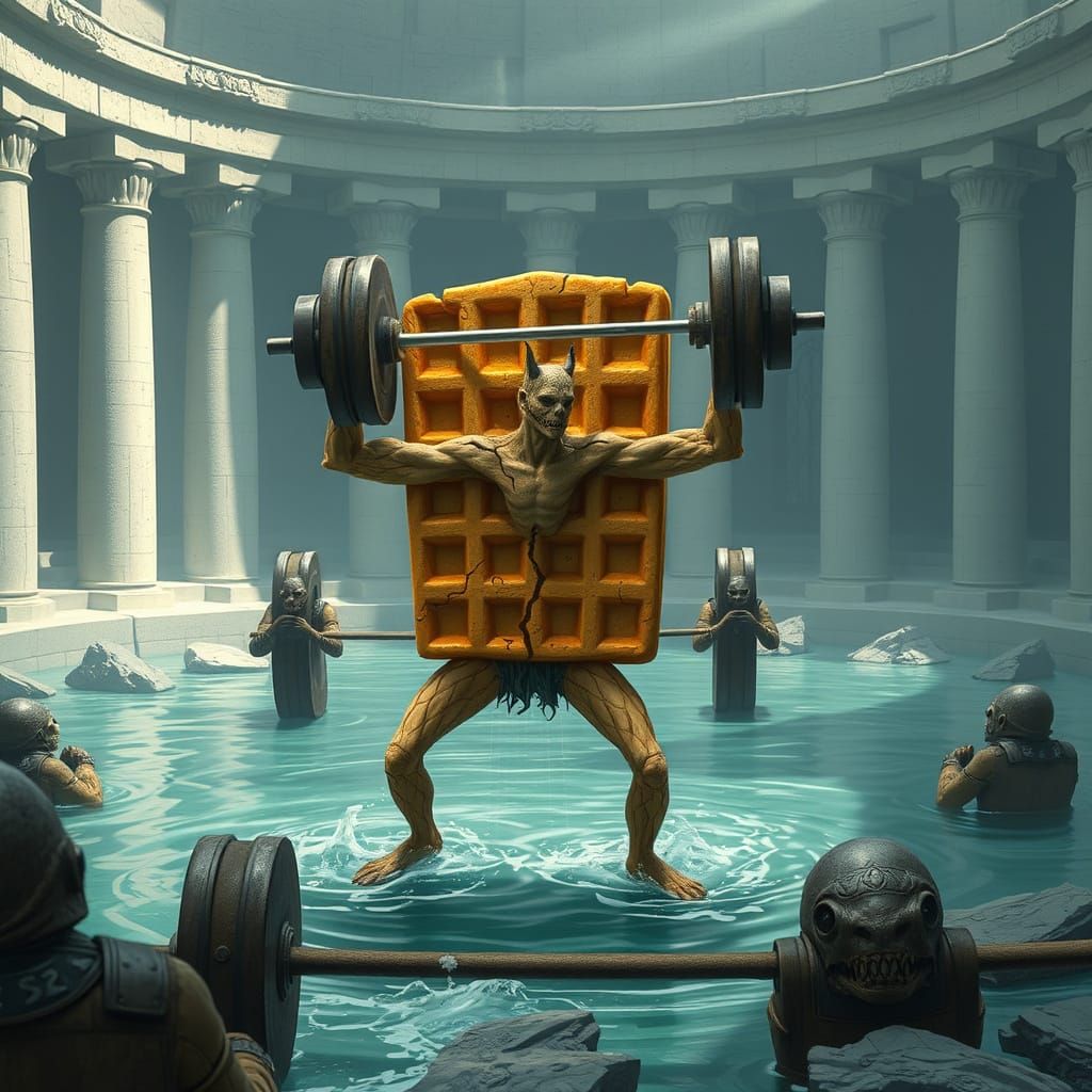 A cracked anthropomorphic waffle weightlifting in a Grecian-...