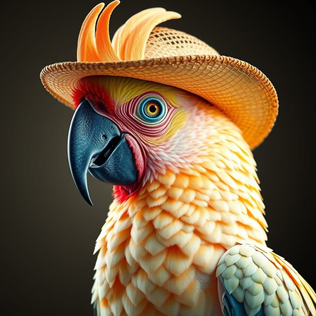 Cockatoo in Straw Hat: Hyperrealistic Digital Portrait