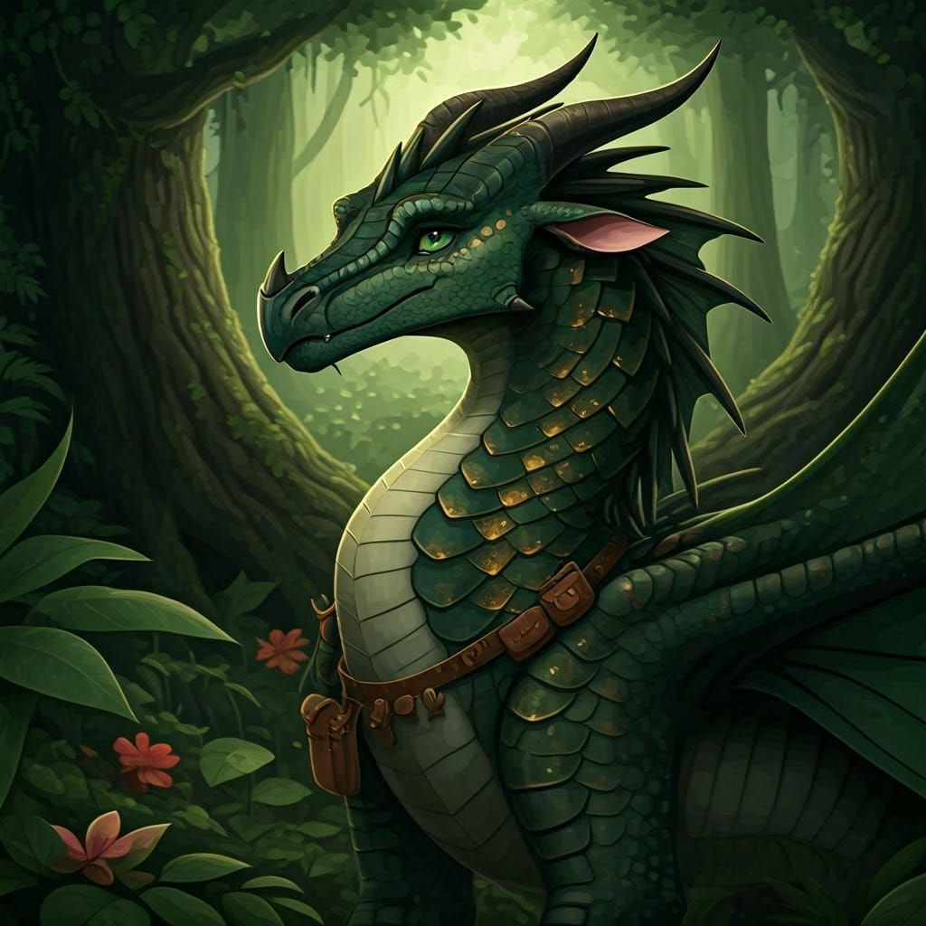 Majestic Dark Green Leafwing Dragon in Jungle Paradise