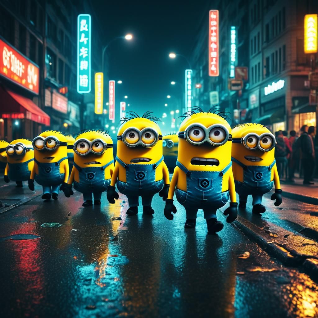 Minions Wreaking Havoc in City Street at Night