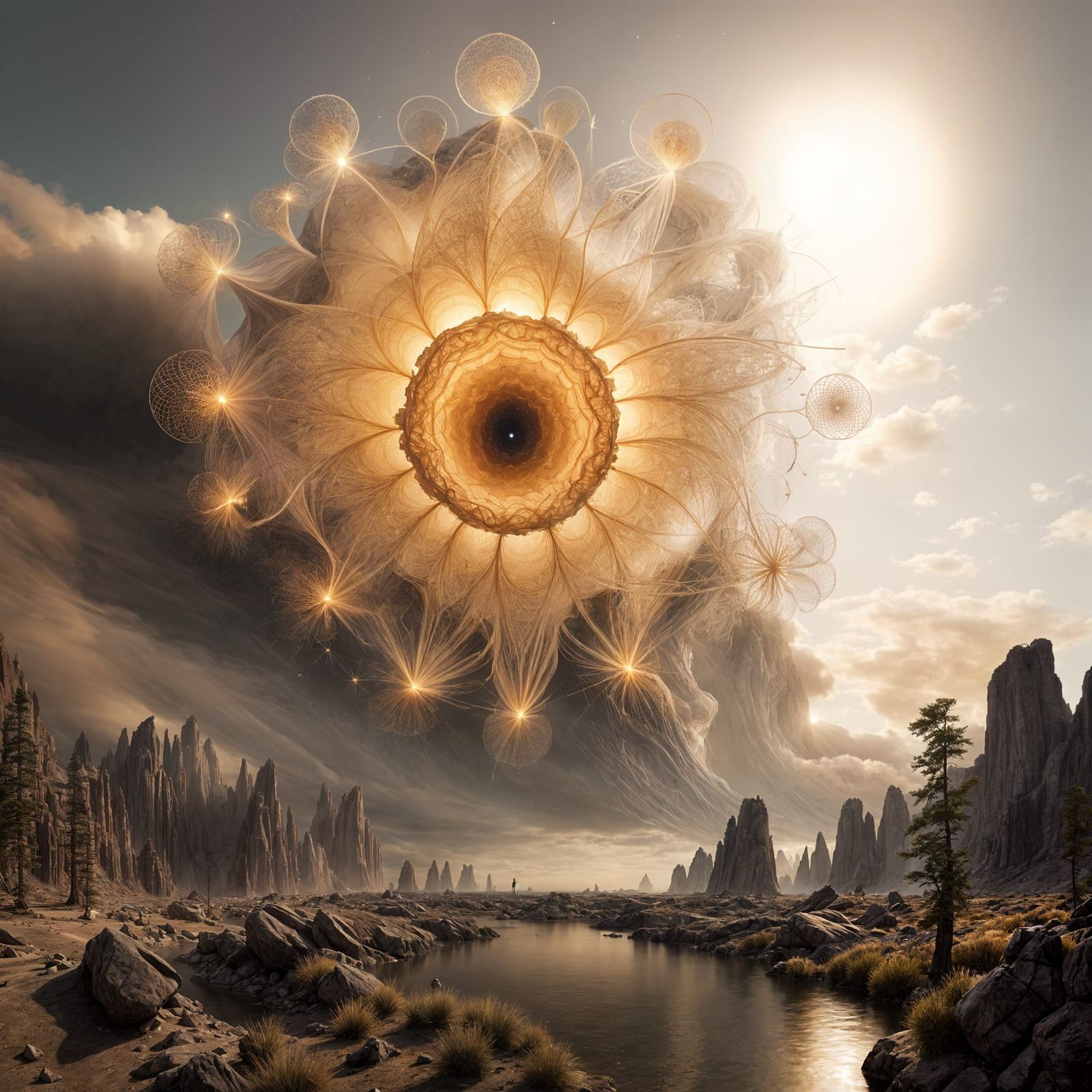 Gigantic Fractal Light Structure on Desolate Landscape