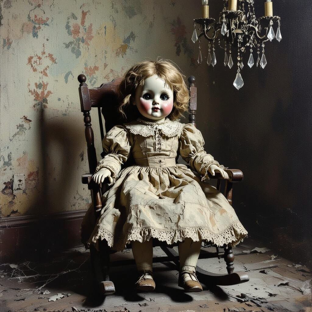 Creepy Doll in Dilapidated House, Dark Ominous Style