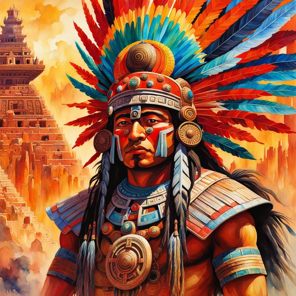 Huītzilōpōchtli: Aztec God in Watercolour Fantasy