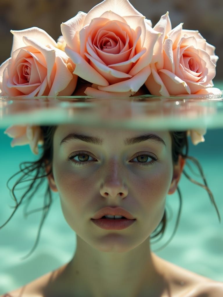 Underwater Woman with Roses: Cinematic Film Still