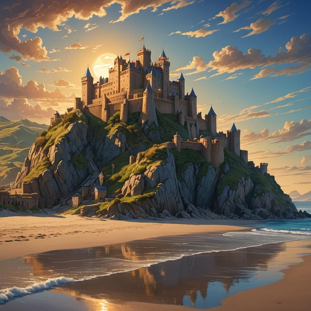 Majestic Fortress Overlooking Tranquil Beach: Fantasy Concep...
