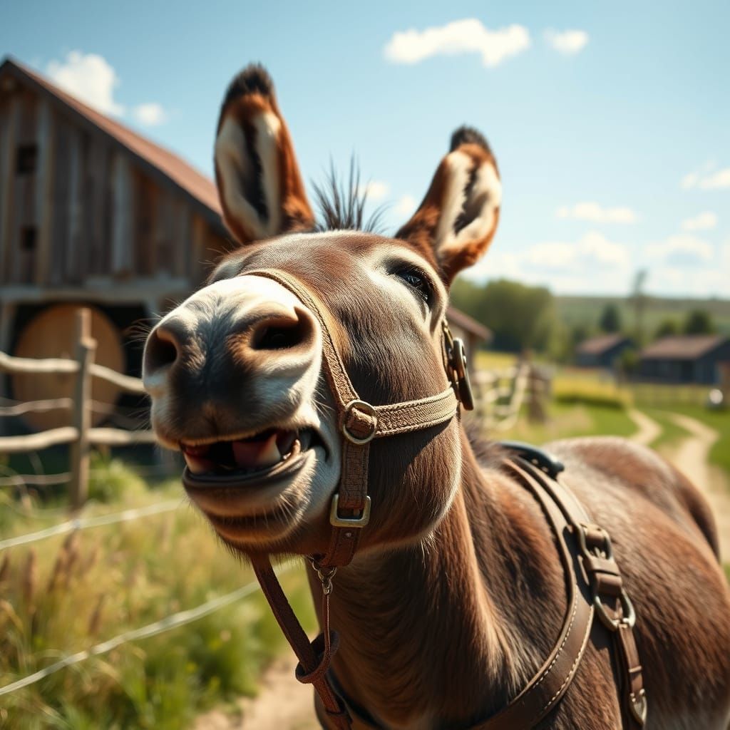 Donkey Braying in Sun-Drenched Countryside