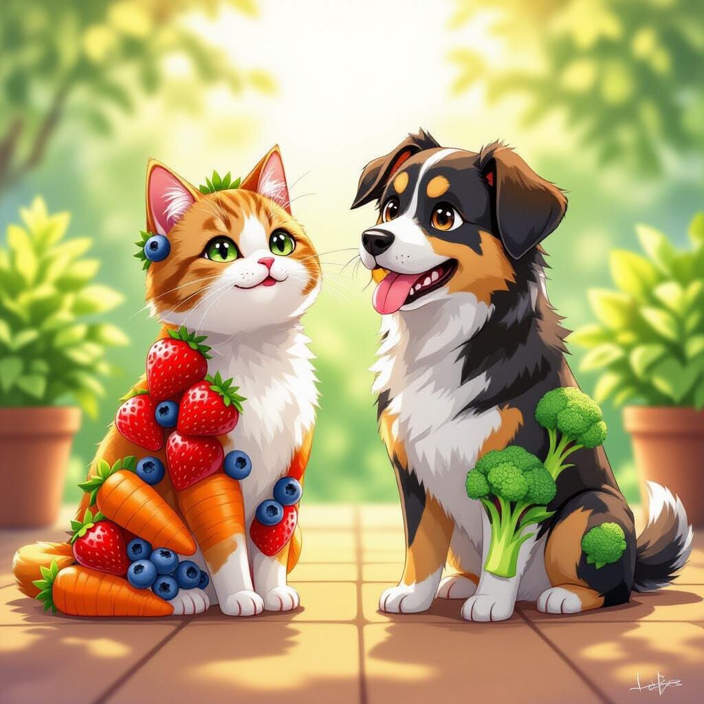 Fruit Cat and Vegetable Dog Anime Illustration