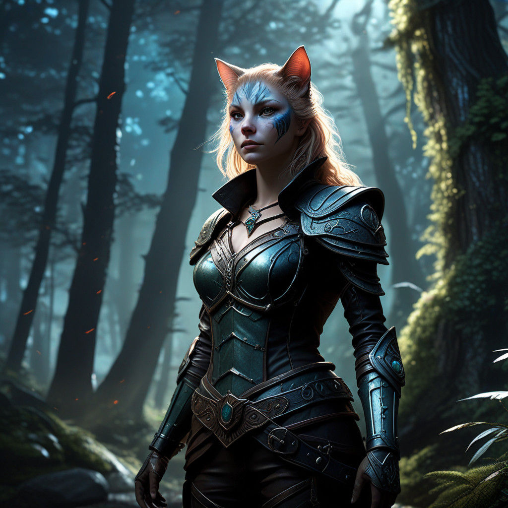 Heroic Feline Warrior in Moonlit Fantasy