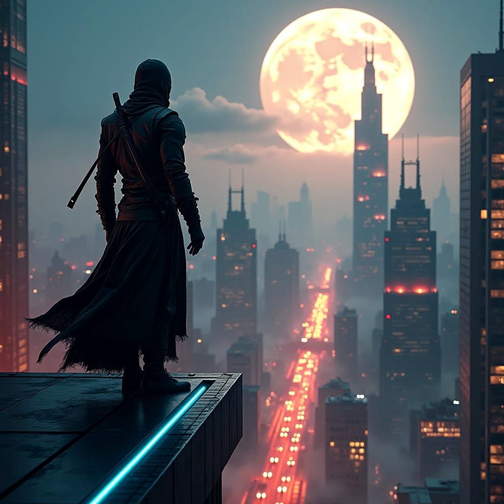 Futuristic Ninja Overlooking Moonlit Cityscape