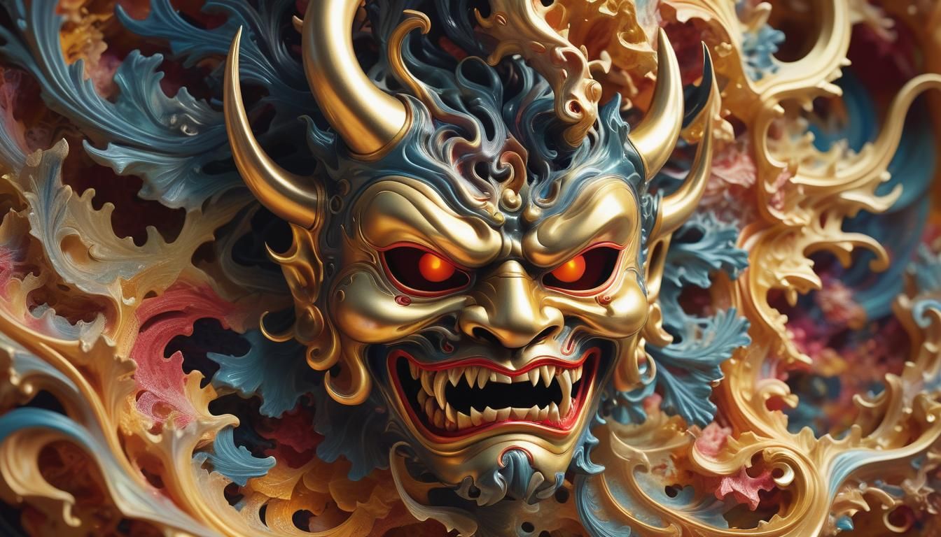 Floating Oni Mask with Fractal Background in Surreal Style