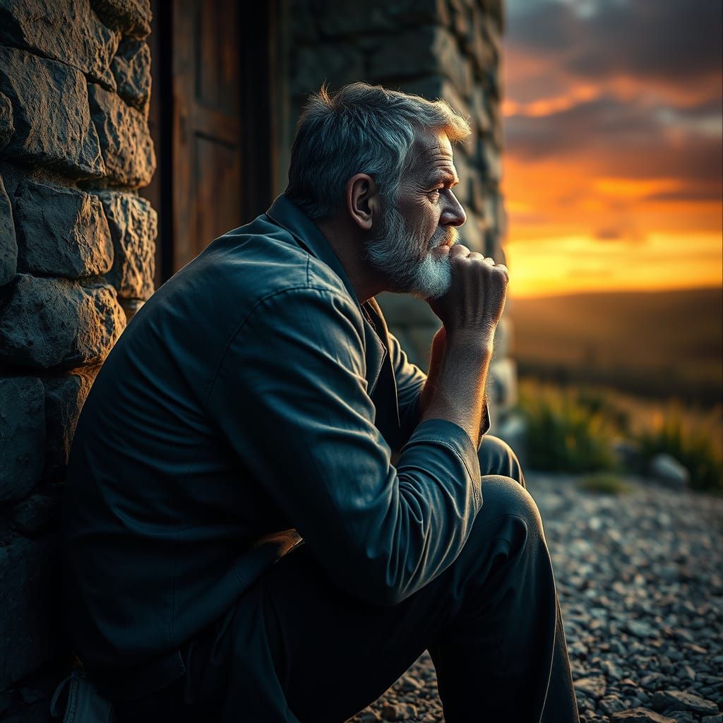 A Man's Despair in a Stormy Landscape