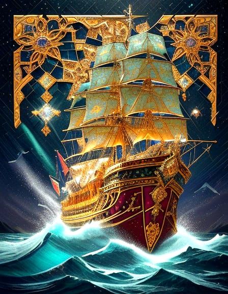 Gemstone Sailing Ship Mosaic Art Masterpiece