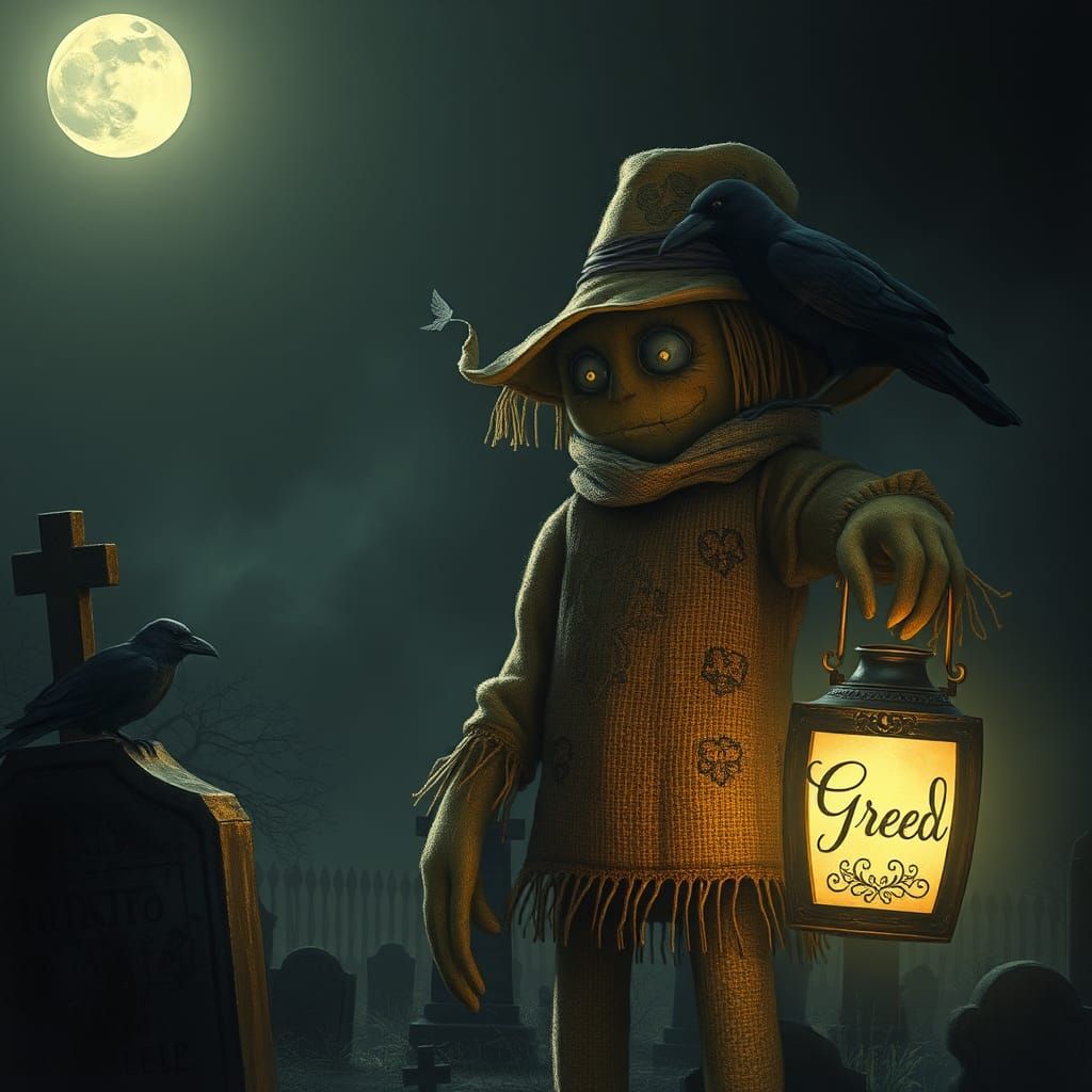 Dollar Bill Scarecrow in Graveyard, Dark Fantasy Art