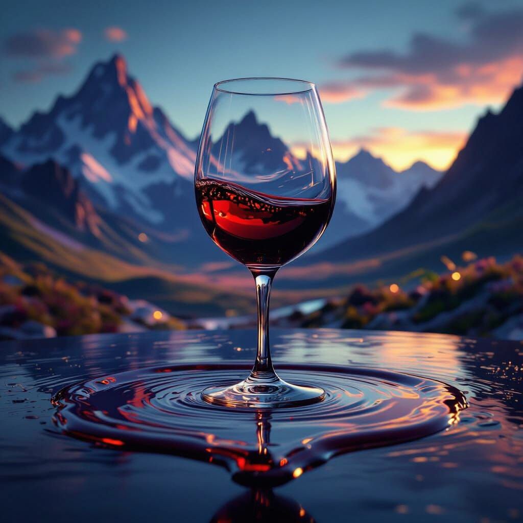 Red Wine Glass Mid-Spill Over Futuristic Landscape