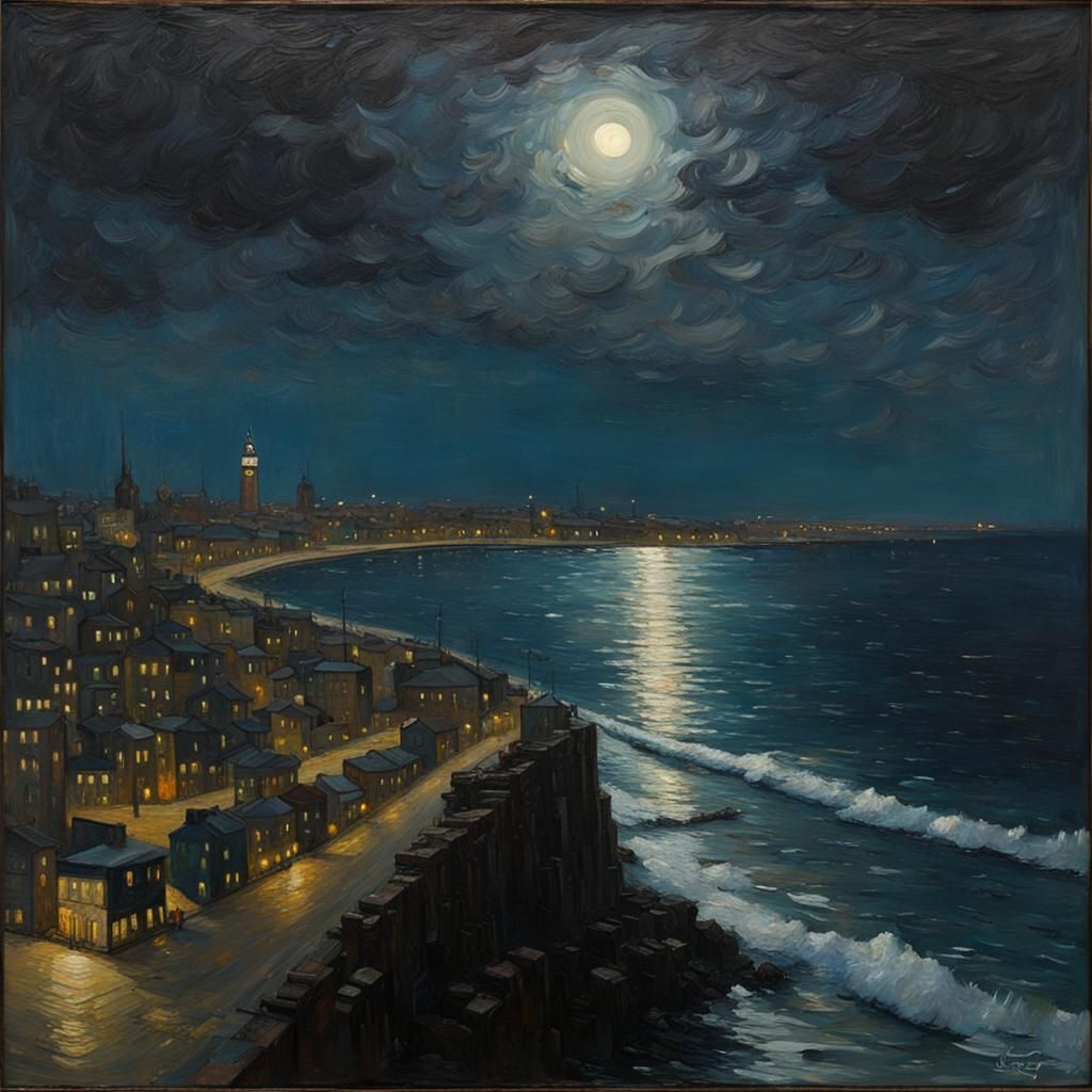 Moonlit Cityscape: Oil Painting in Post-Impressionist Style