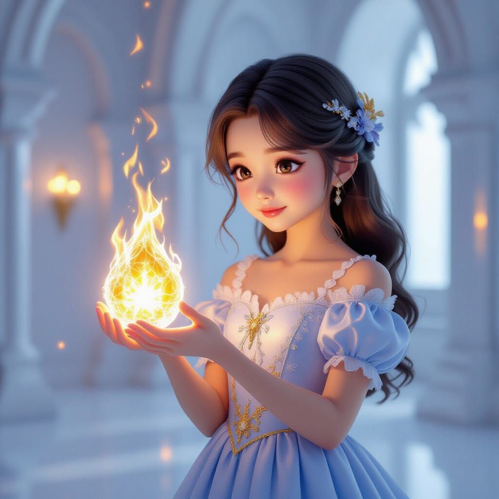 Young Girl Holding Golden Fire Ice: 3D Anime Art