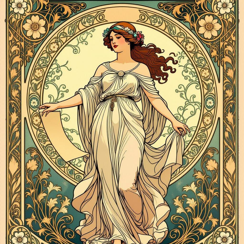 Art Nouveau Woman with Scroll in Floral Design