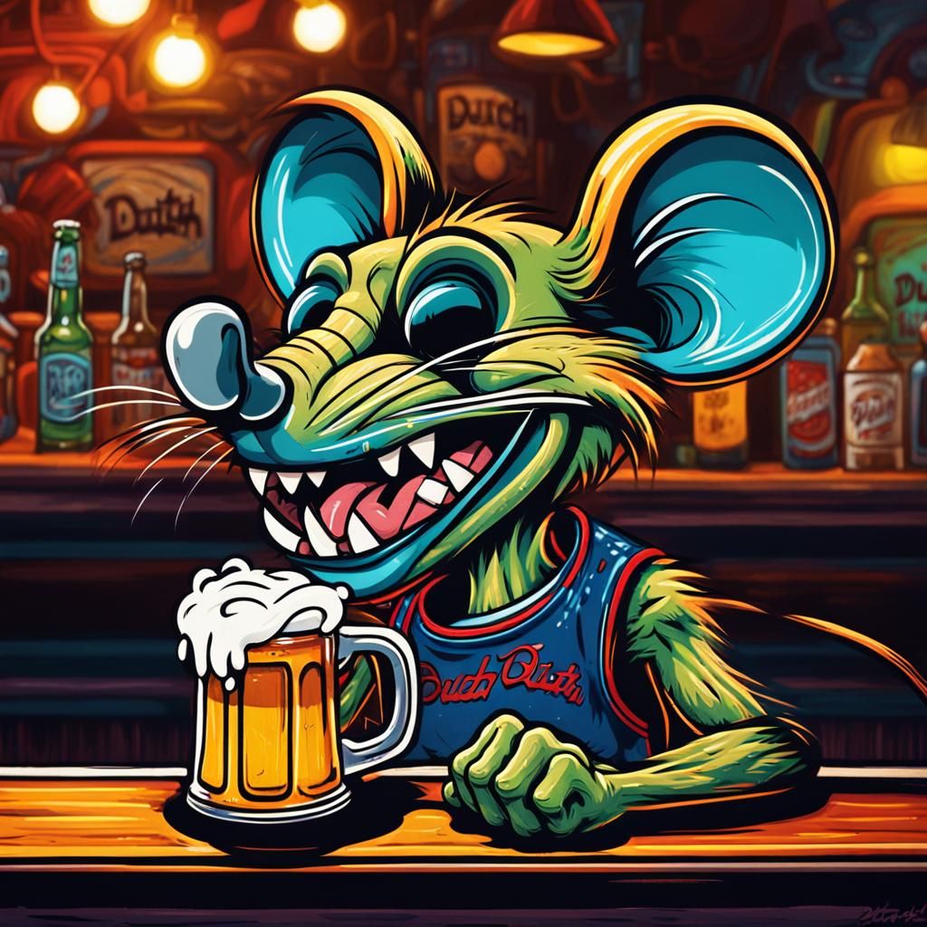 Cartoon Rat Fink Mouse at Bar in Hot Rod Art