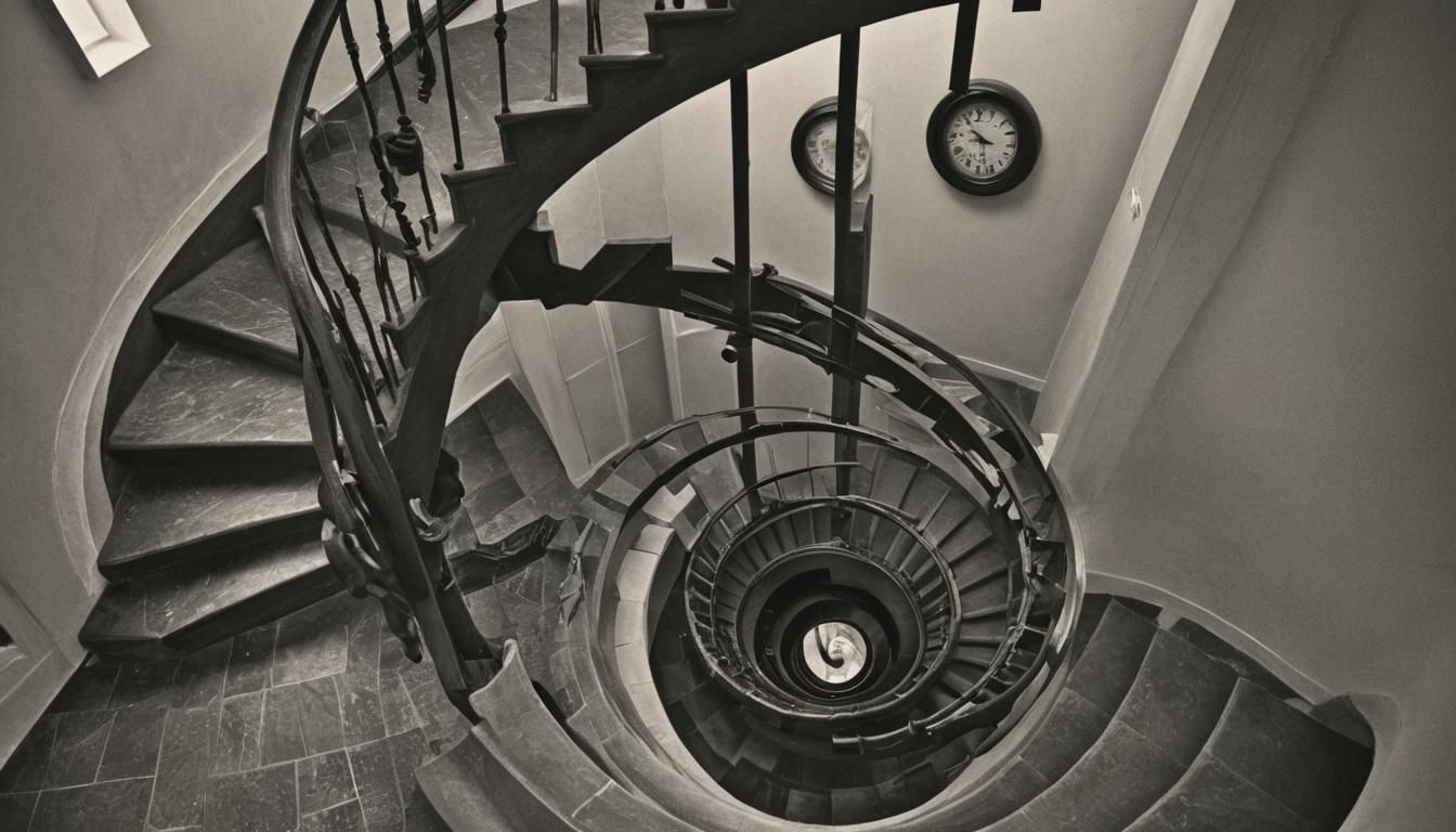 Surreal Floating Staircase with Clock in M.C. Escher Style