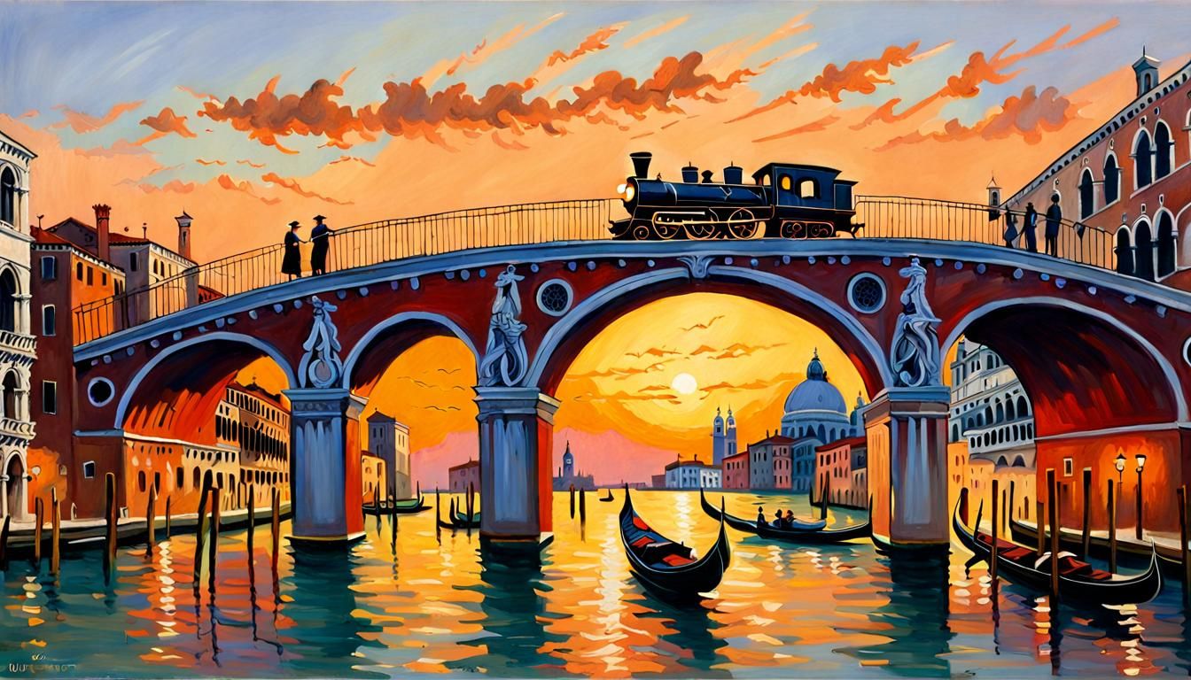 Venice Sunset Steam Train Over Grand Canal